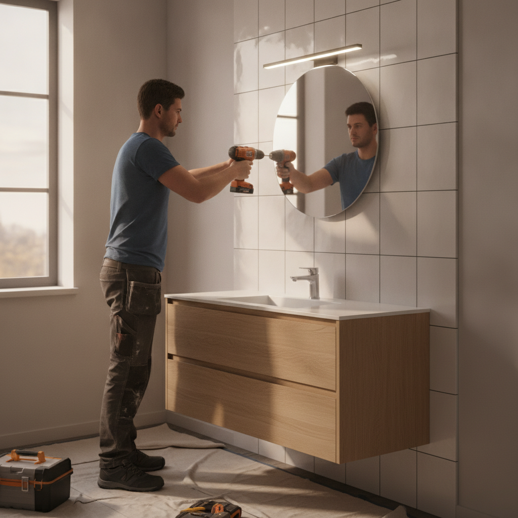 Bathroom Remodels: Cut Costs Without Losing Style in 2026 2 Contractor installing a vanity light and mirror during a bathroom renovation, illustrating bathroom home improvement steps
