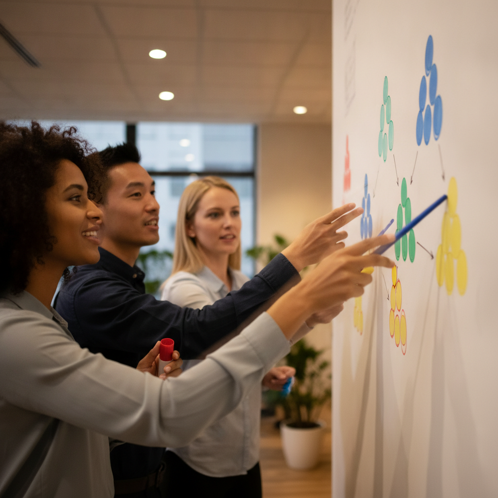 Team collaborating on content clusters and internal linking strategy on a whiteboard