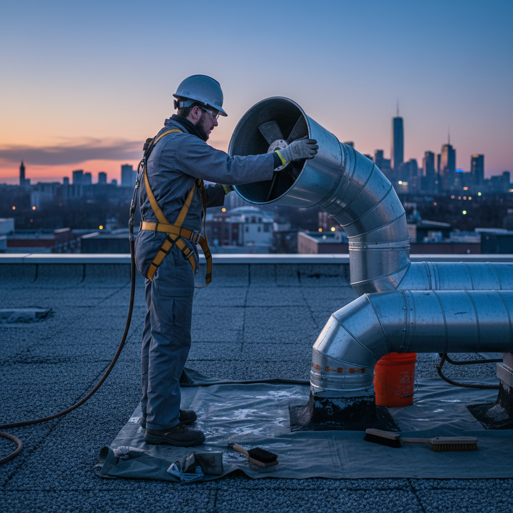 Technician cleaning a rooftop exhaust fan housing during professional restaurant kitchen cleaning service