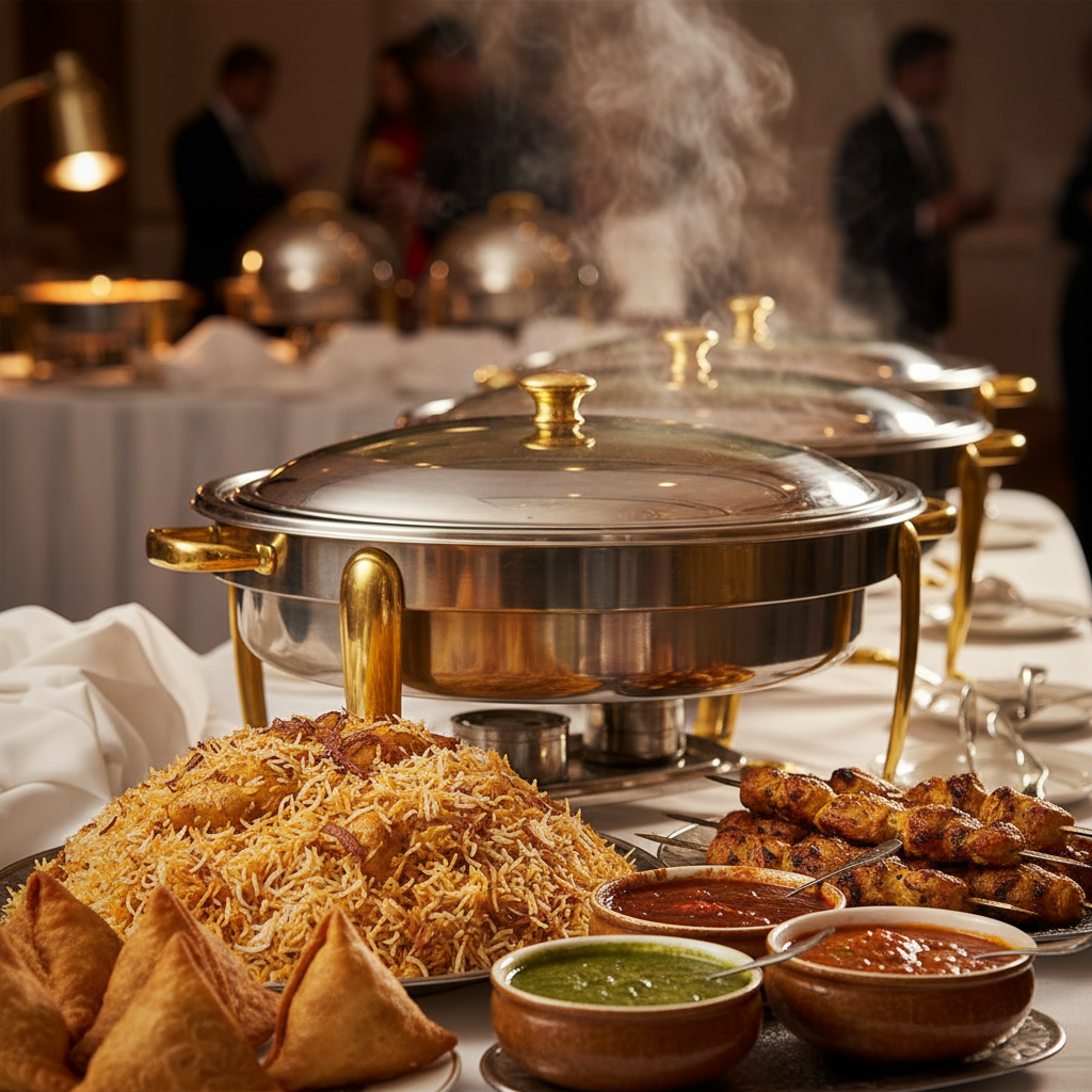 Close-up of Halal South Asian buffet at a cultural celebration venue in Mississauga showing biryani, kebabs, and chutneys