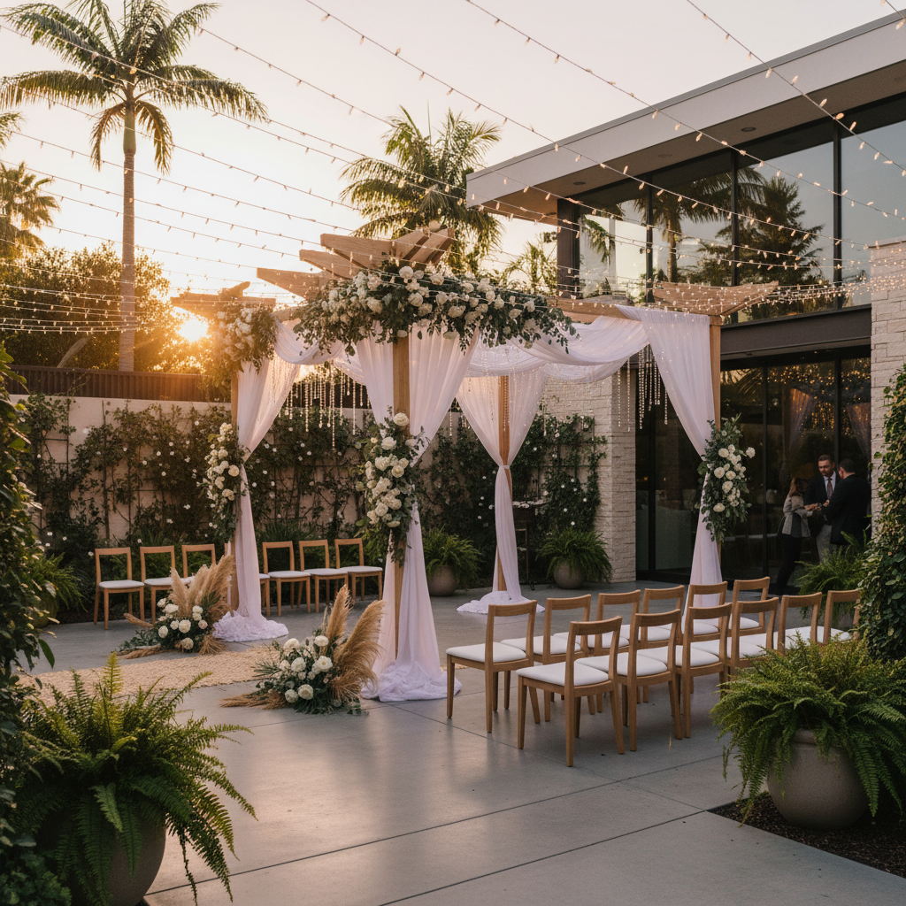 Outdoor patio ceremony setup at a cultural celebration venue with canopy, string lights, and sunset ambiance in Mississauga