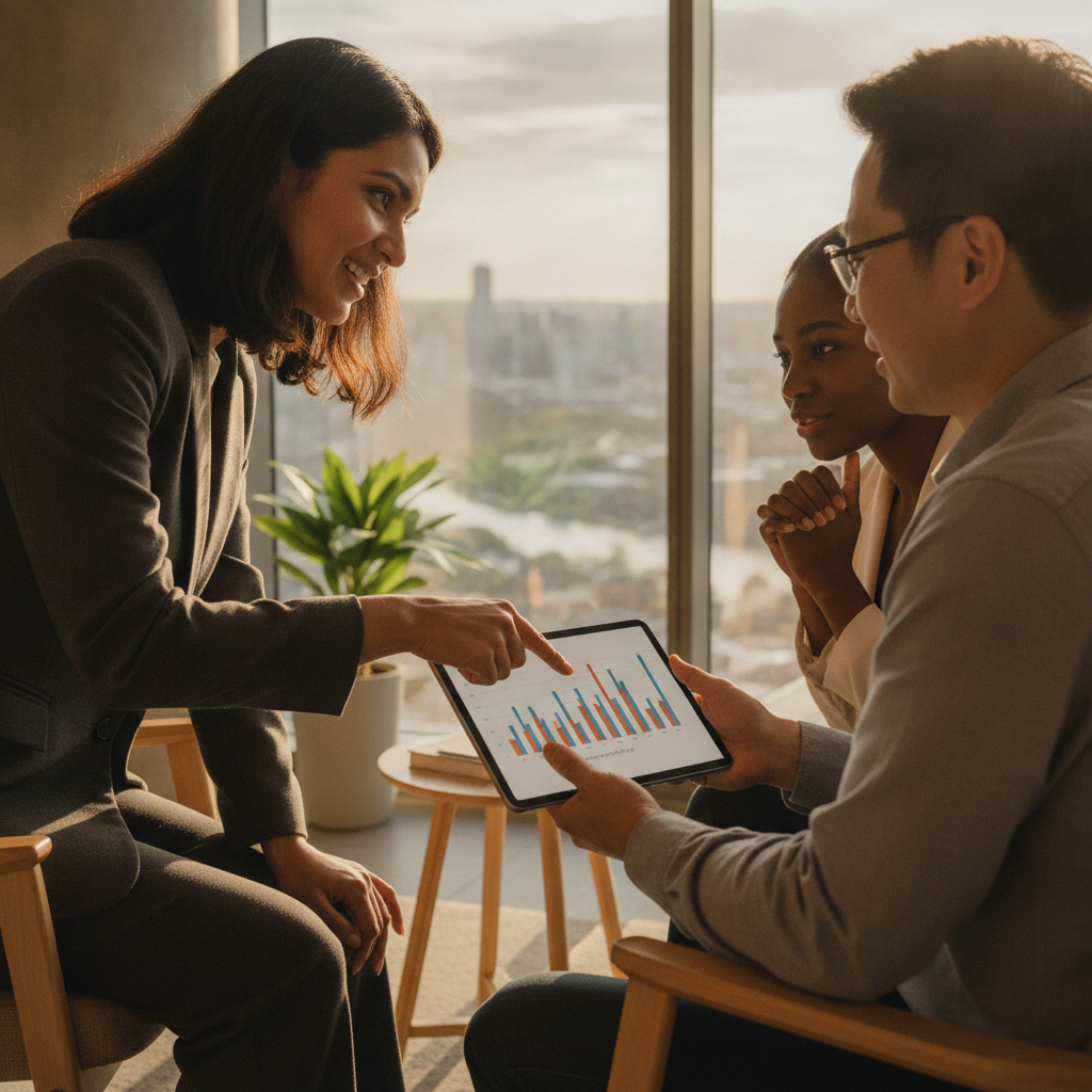 Small business owner in Parramatta meeting with an accountant to review QuickBooks reports on a tablet, planning BAS and GST routines