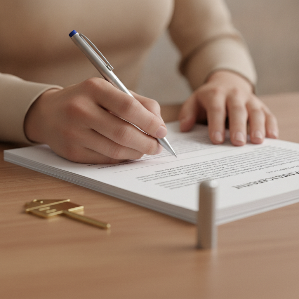 Close-up of home purchase agreement signing, illustrating the difference between REALTOR and real estate agent responsibilities