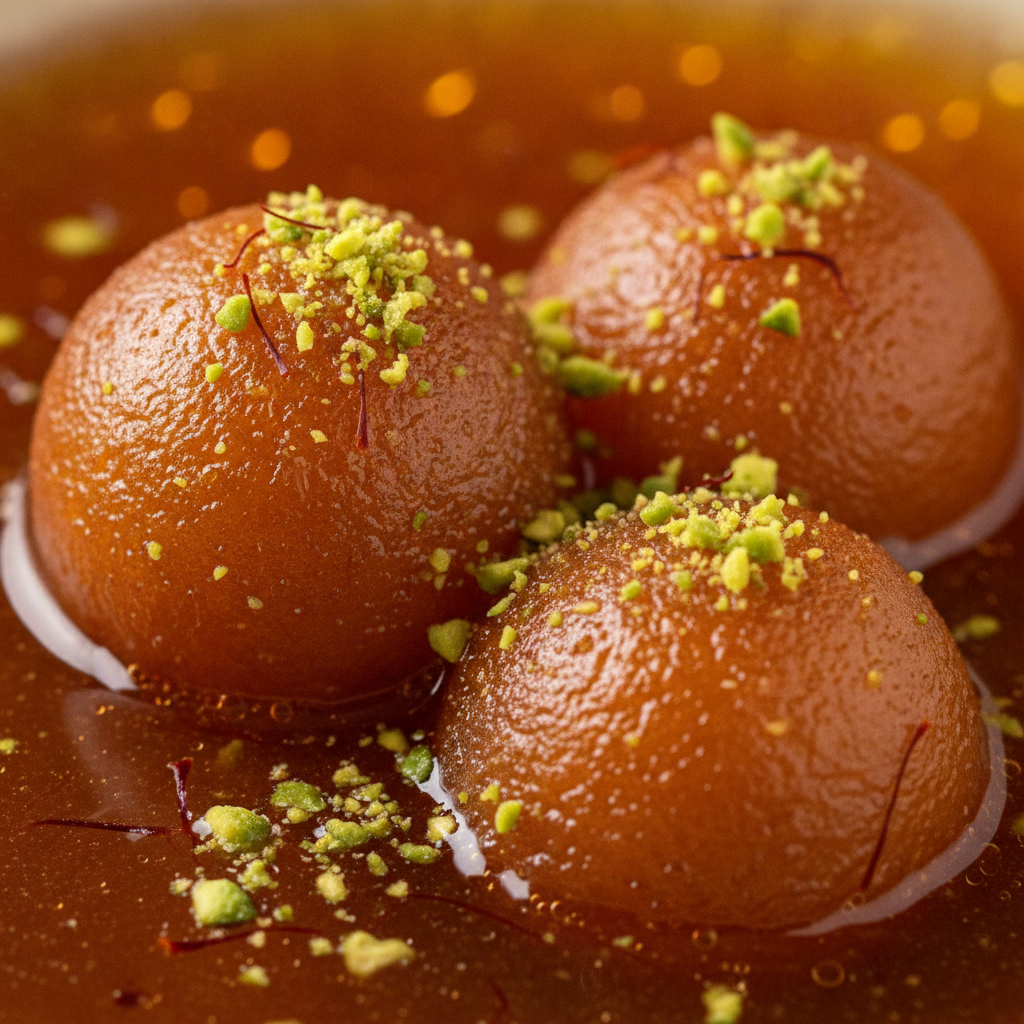 Gulab jamun close-up showcasing saffron-cardamom syrup and pistachio garnish from a Brampton mithai shop