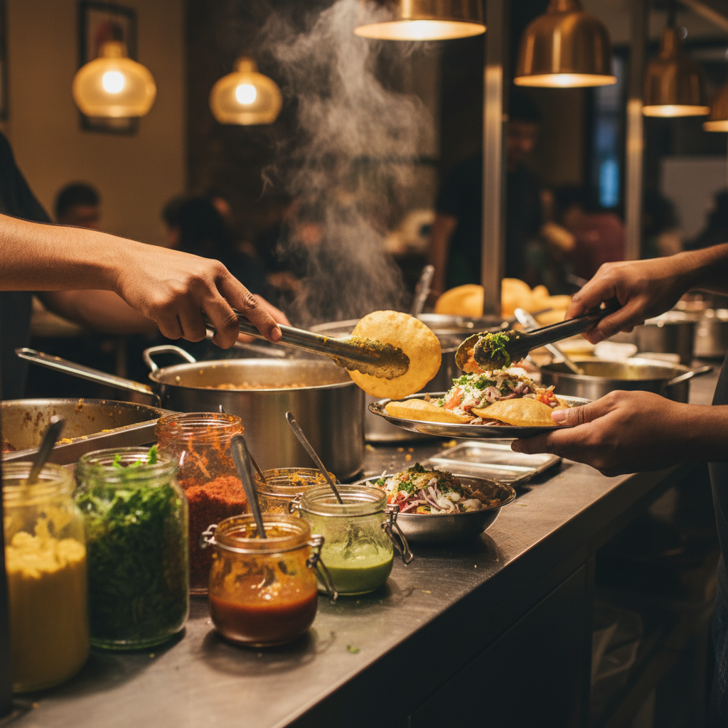 Chaat station action shot in Brampton assembling chole bhature and papdi chaat with steam and warm lighting