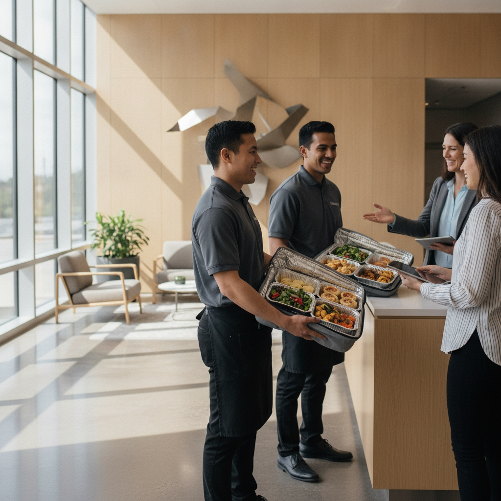 Catering delivery handoff in a modern office lobby with insulated bags and fresh trays for corporate lunch catering