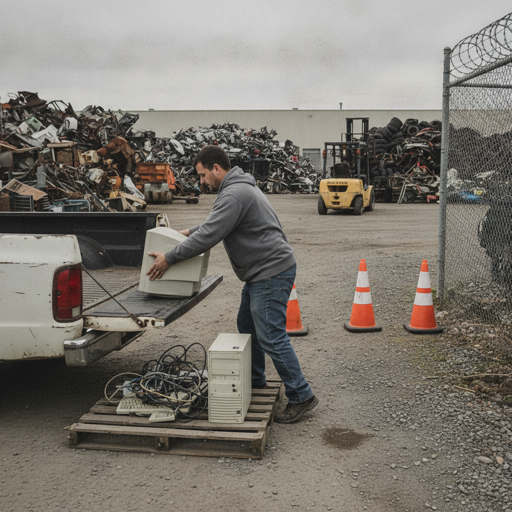 Customer unloading electronics at an Etobicoke scrap yard drop-off near HWY 27 and Rexdale