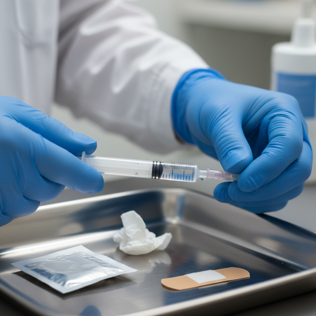 Preparing Sublocade injection: close-up of syringe and supplies for monthly buprenorphine treatment