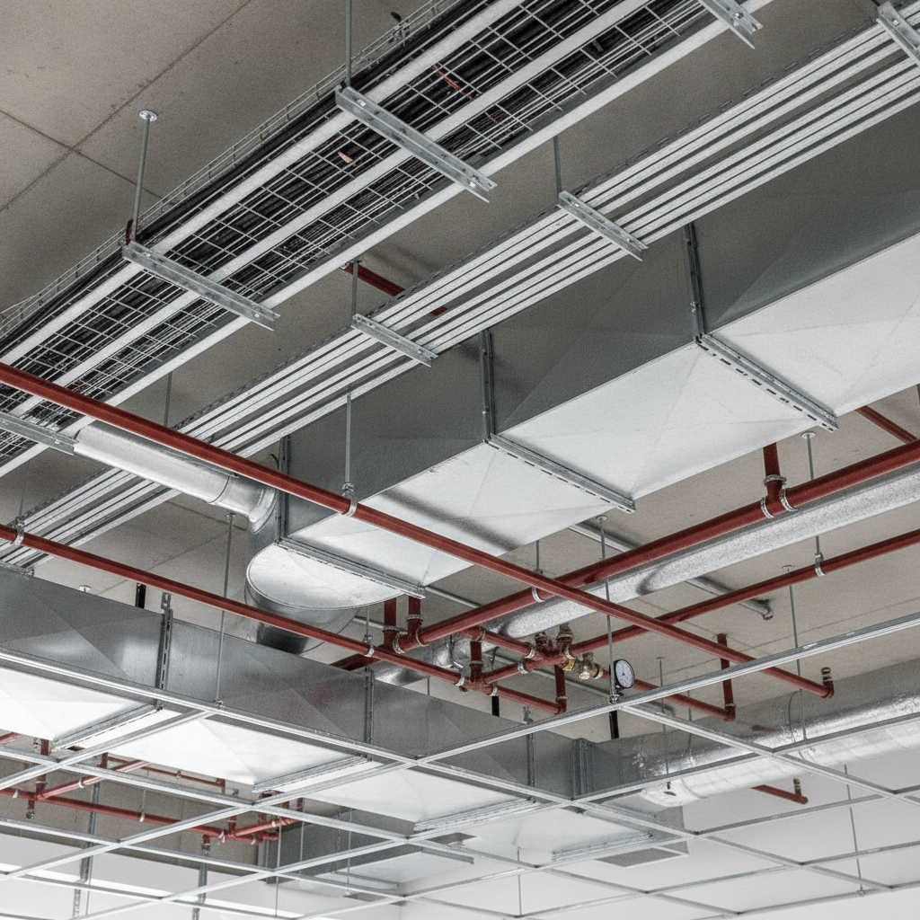 Detail shot of commercial office ceiling MEP coordination with ductwork, sprinklers, and conduits for office building construction
