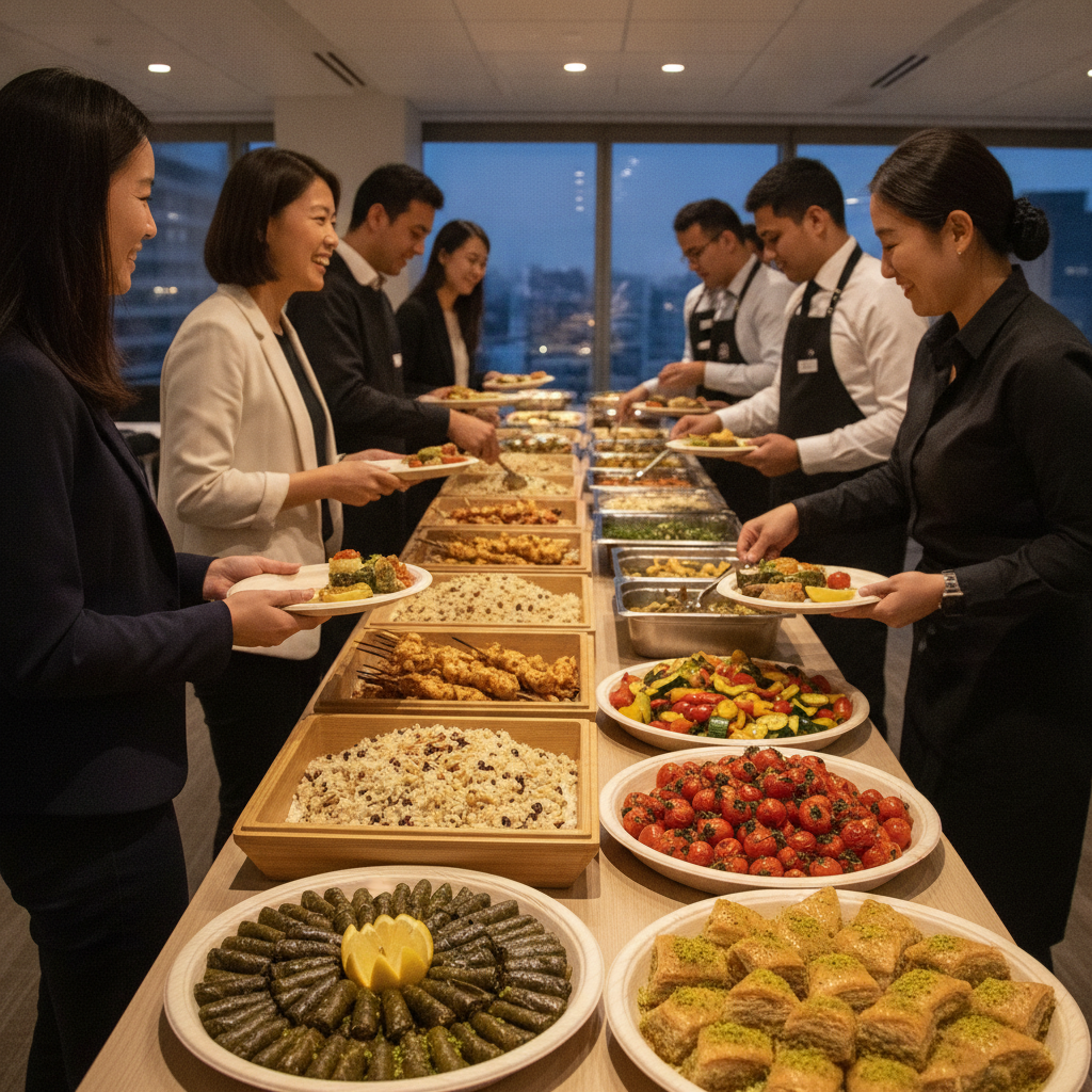 Corporate lunch buffet of Turkish dishes in eco-friendly catering trays with pilav, kebabs, roasted vegetables, and baklava
