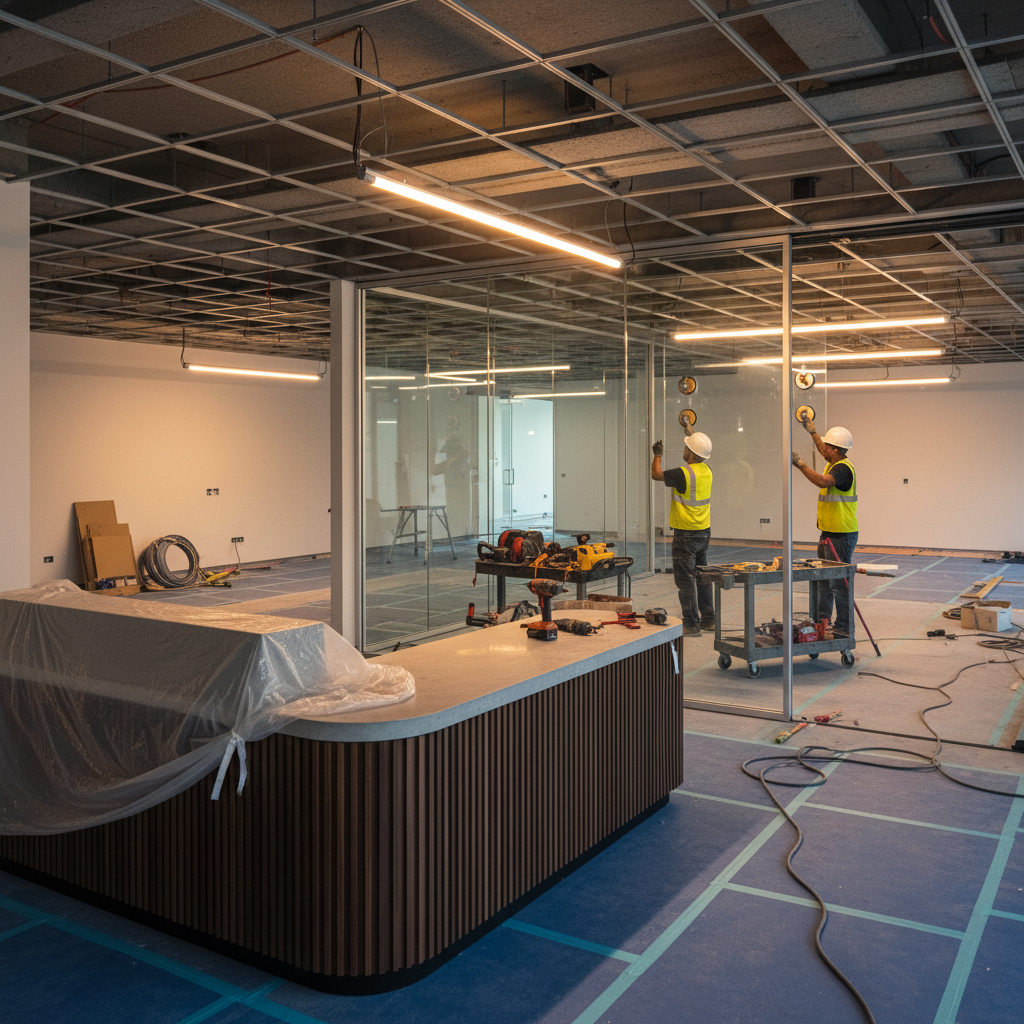 Office interior fit-out in progress with glass partitions and custom millwork reception desk for Ontario office construction