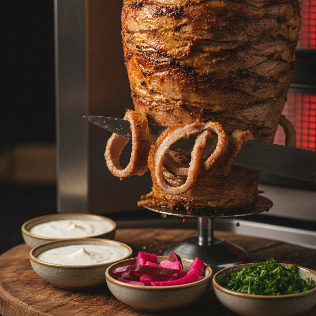 Close-up of shawarma carved from a rotating spit with tahini, garlic sauce, and pickled turnips for Turkish catering menu
