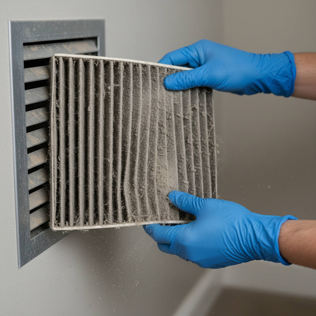 HVAC inspection close-up: gloved hands removing a dirty return air filter during a rental property annual inspection checklist