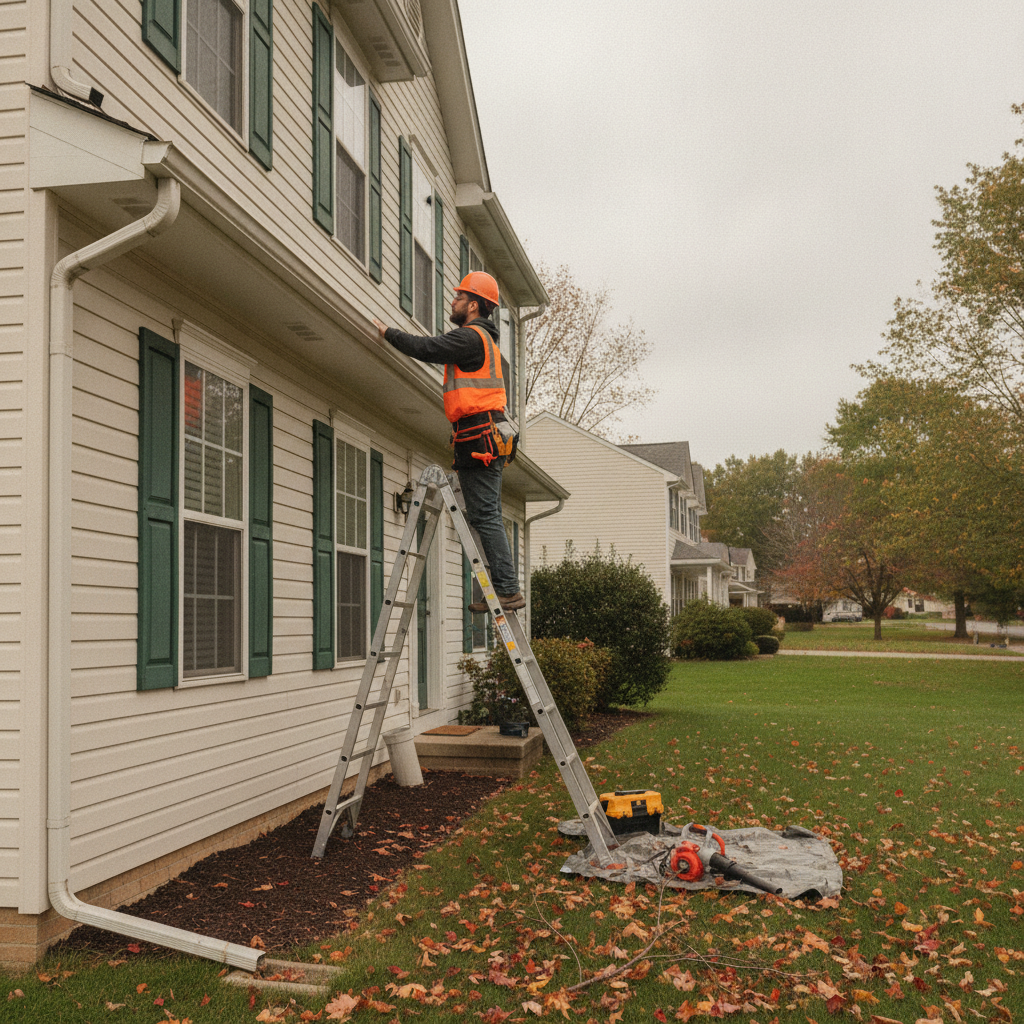 Exterior annual inspection: technician on a ladder checking gutters and downspouts on a rental home to improve drainage and foundation protection
