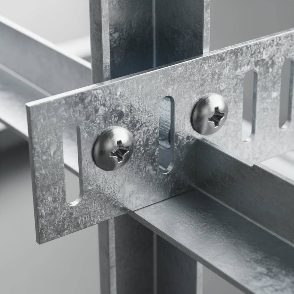 Close-up of galvanized slotted deflection track showing elongated slots and screws for steel stud head-of-wall movement