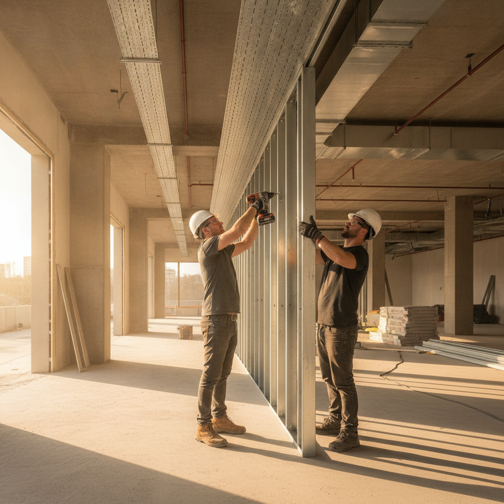Installers placing studs into ceiling-mounted slotted track for head-of-wall deflection in a commercial corridor