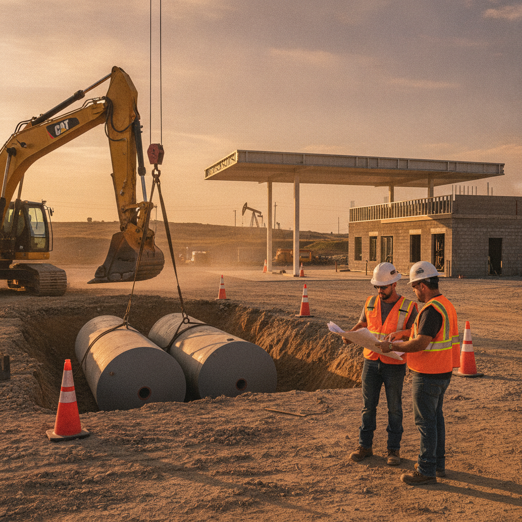 Active Texas gas station construction site with excavator, underground tank area, and inspectors coordinating permitting and safety