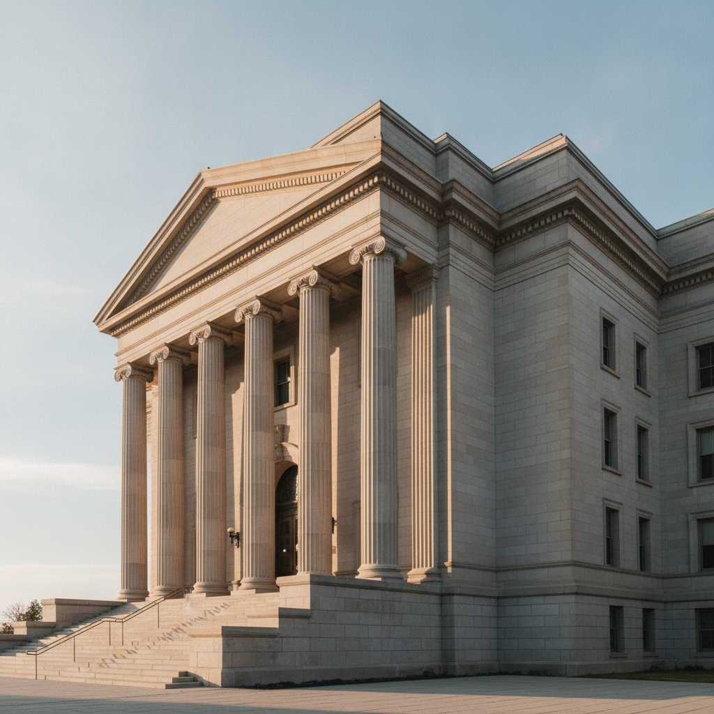 Canadian courthouse columns representing judicial review under immigration laws