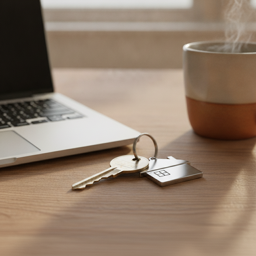 House key close-up beside laptop and coffee, symbolizing Edmonton real estate listings search and offer readiness