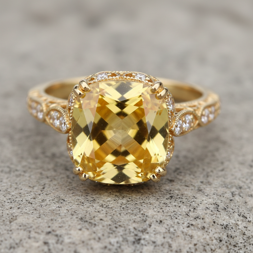Close-up yellow sapphire ring for career growth with Vedic gemstone remedy focus