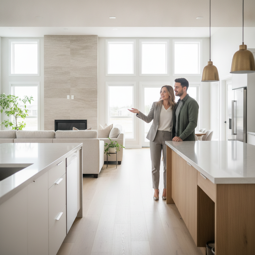 Agent shows a bright Edmonton home interior to buyers, illustrating efficient tours from saved Edmonton real estate listings