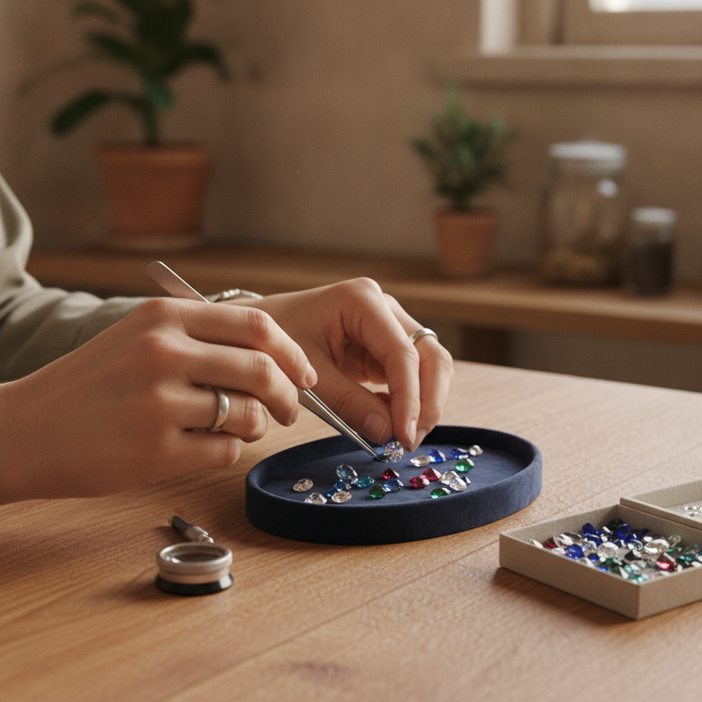 Gemstone consultation scene with tools, tweezers, and velvet tray for career remedy selection