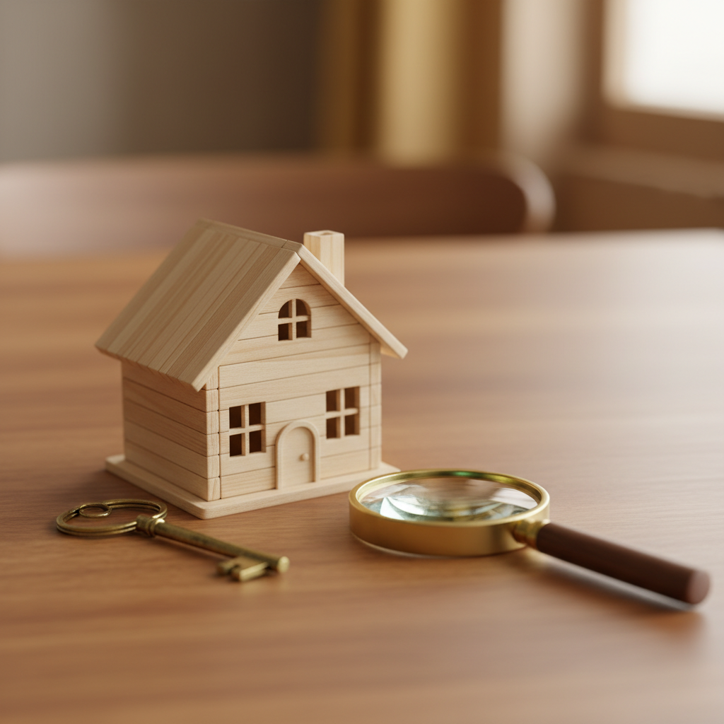 Detail shot of home search tools symbolized by a house key and magnifying glass, reflecting Brampton real estate market trends research