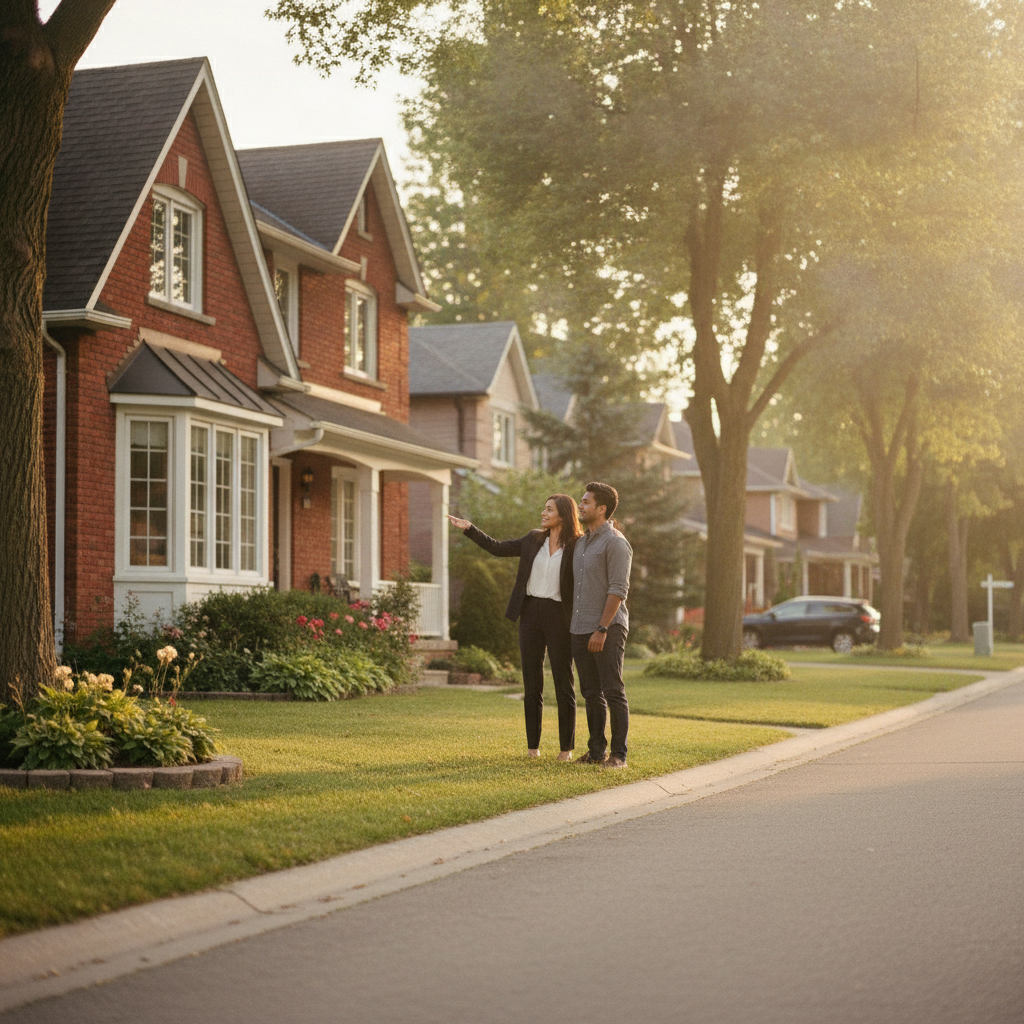 Brampton real estate agent showing a couple a detached brick home, illustrating buyer activity and market trends