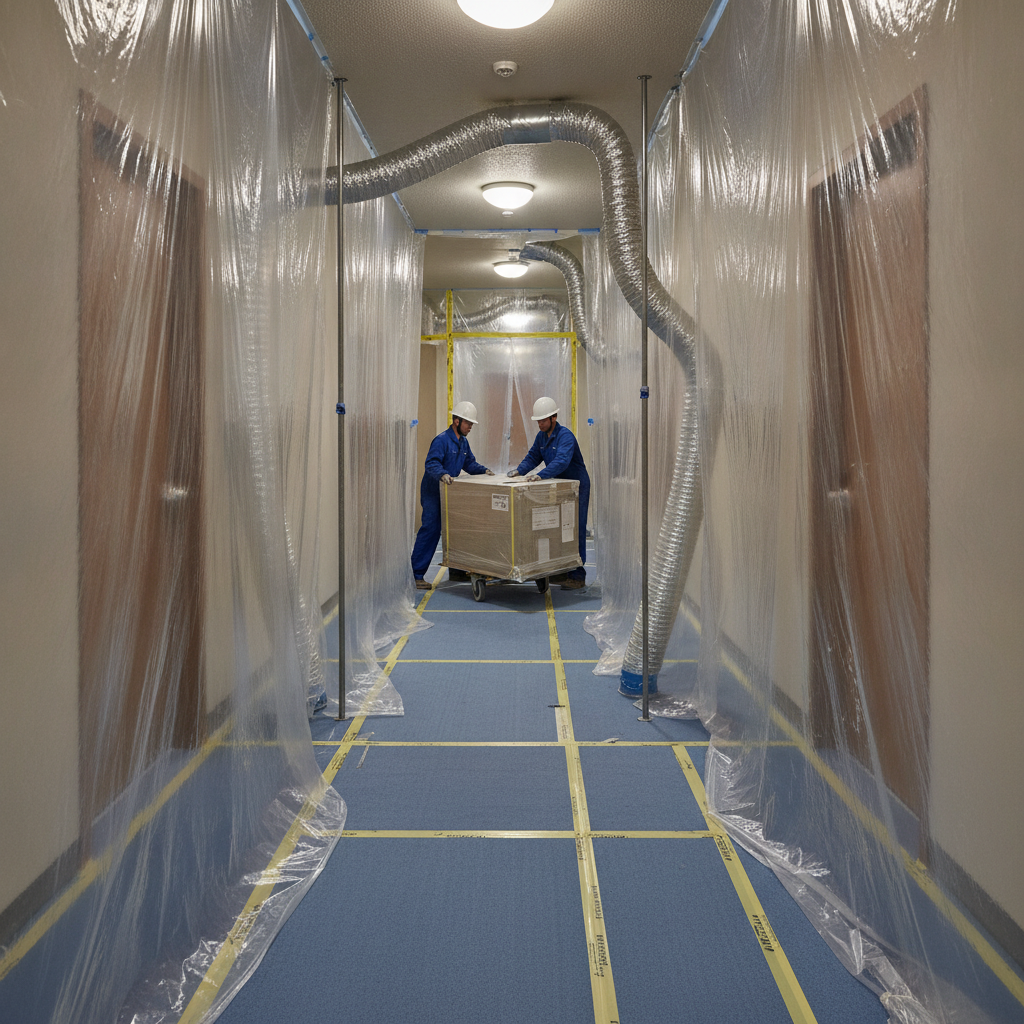 Prepared multi-unit hallway with dust barriers and protective coverings for insured contractor work