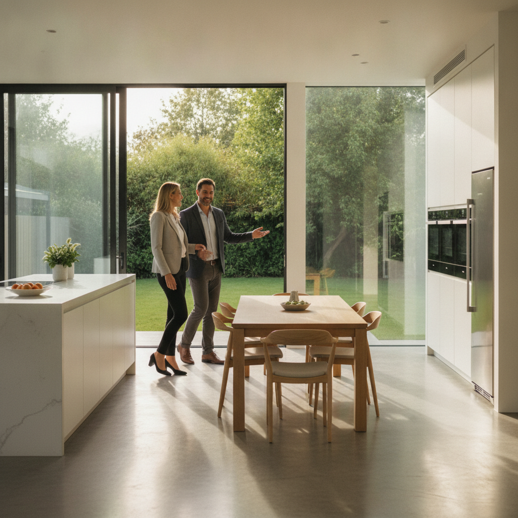 Realtor touring sellers through a bright GTA kitchen during the home selling process