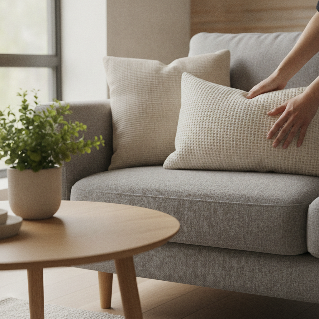 Detail shot of home staging during selling property in Ontario: arranging plant and pillows for a market-ready living room