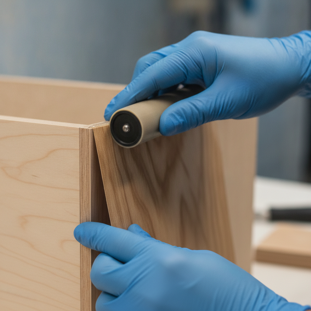 Close-up of cabinet refacing veneer application on a frame, showing grain alignment and edge banding for Renuit-style cabinet refacing