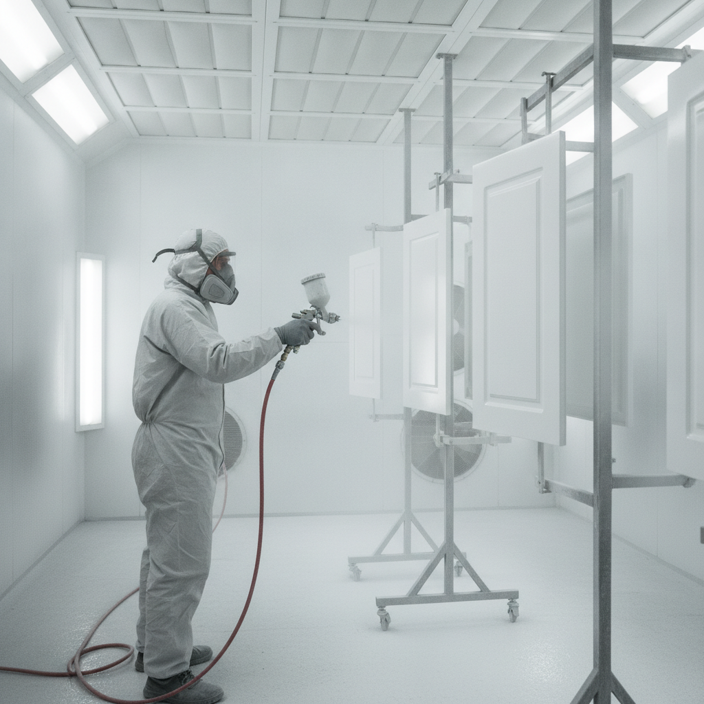 Cabinet doors spray painted in a professional booth for a durable, factory-grade cabinet refacing finish in Toronto