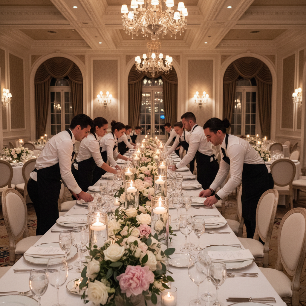 Reception setup team arranging elegant tablescapes with candles and florals in a grand ballroom for a London wedding