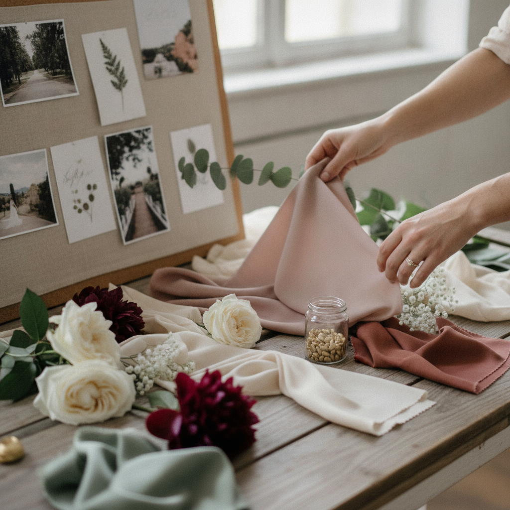 Close-up of a planner selecting wedding color palettes, fabrics, and florals for a London wedding design brief