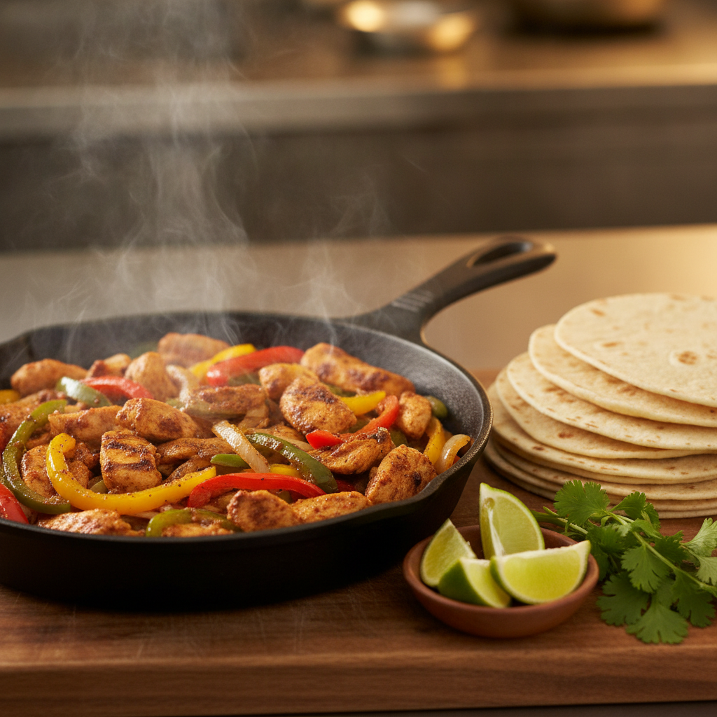 Close-up sizzling chicken fajitas with peppers and onions for a family-friendly Mexican grill menu in Toronto