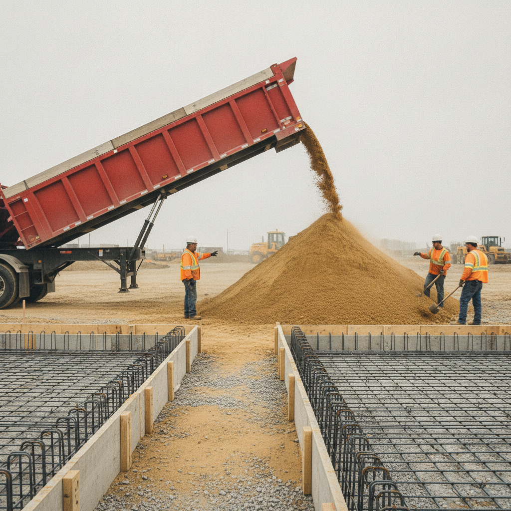 Live-bottom trailer unloading sand near rebar mats and concrete forms on an Ontario jobsite