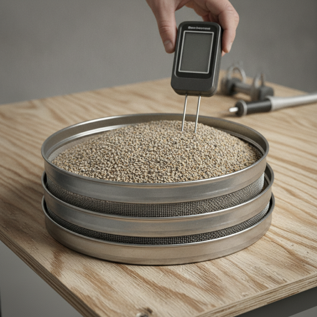 Close-up of washed concrete sand testing with sieve stack and moisture meter for construction sand delivery quality control