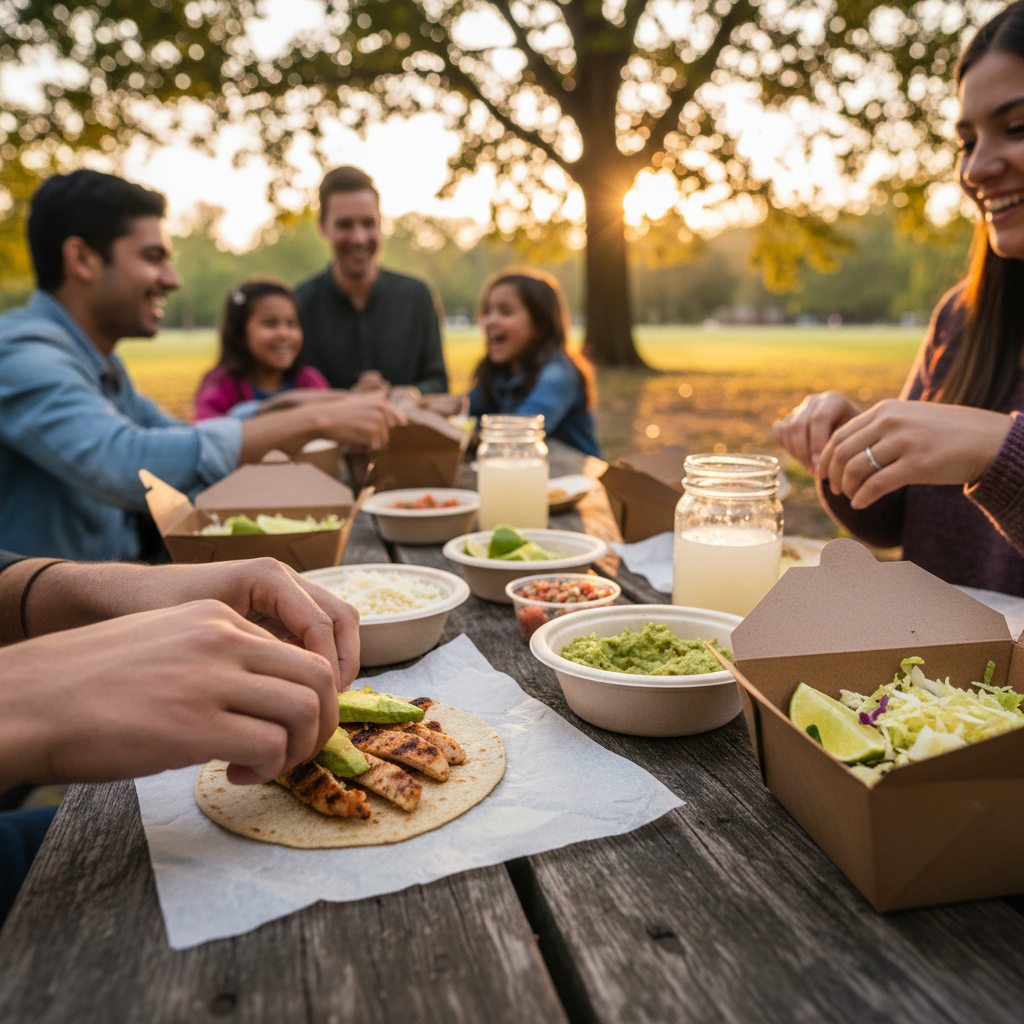 Family Mexican takeout spread in eco-friendly boxes for a Toronto park picnic near Trinity Bellwoods