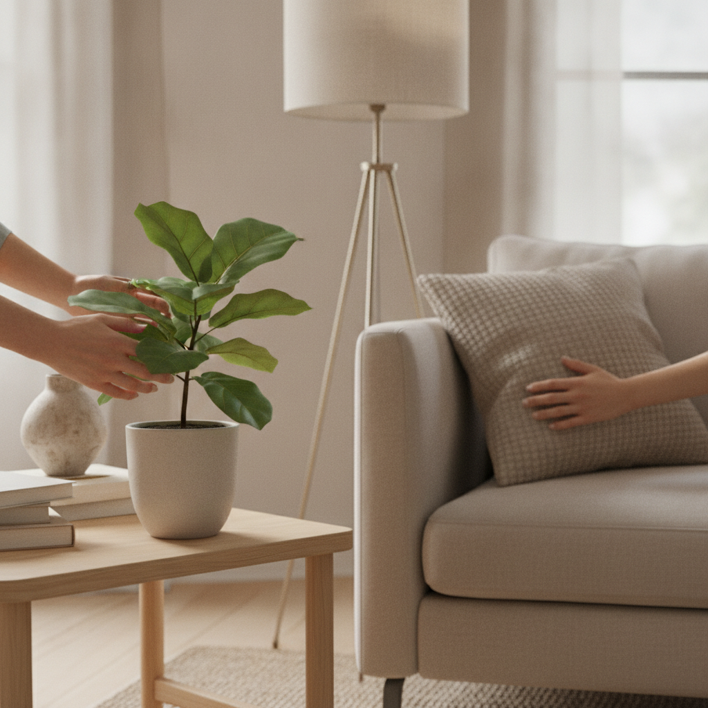 Close-up hands staging a living room to sell your own home quickly with neutral decor and plants