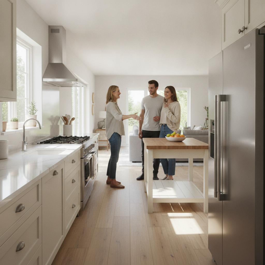 Homeowner welcoming buyers for a showing in a bright kitchen to sell their own home