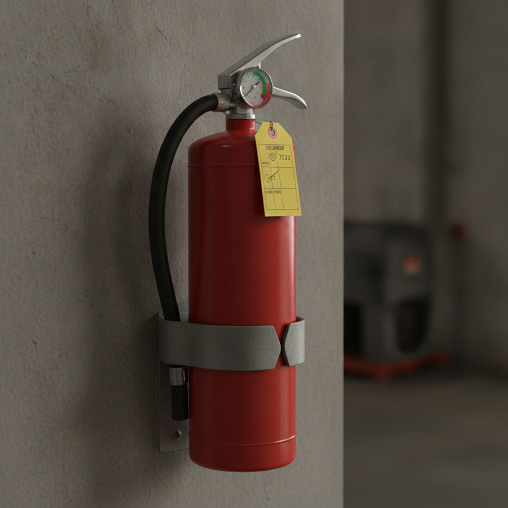 Close-up of ABC fire extinguisher with pressure gauge and inspection tag, illustrating reliable fire safety products and maintenance