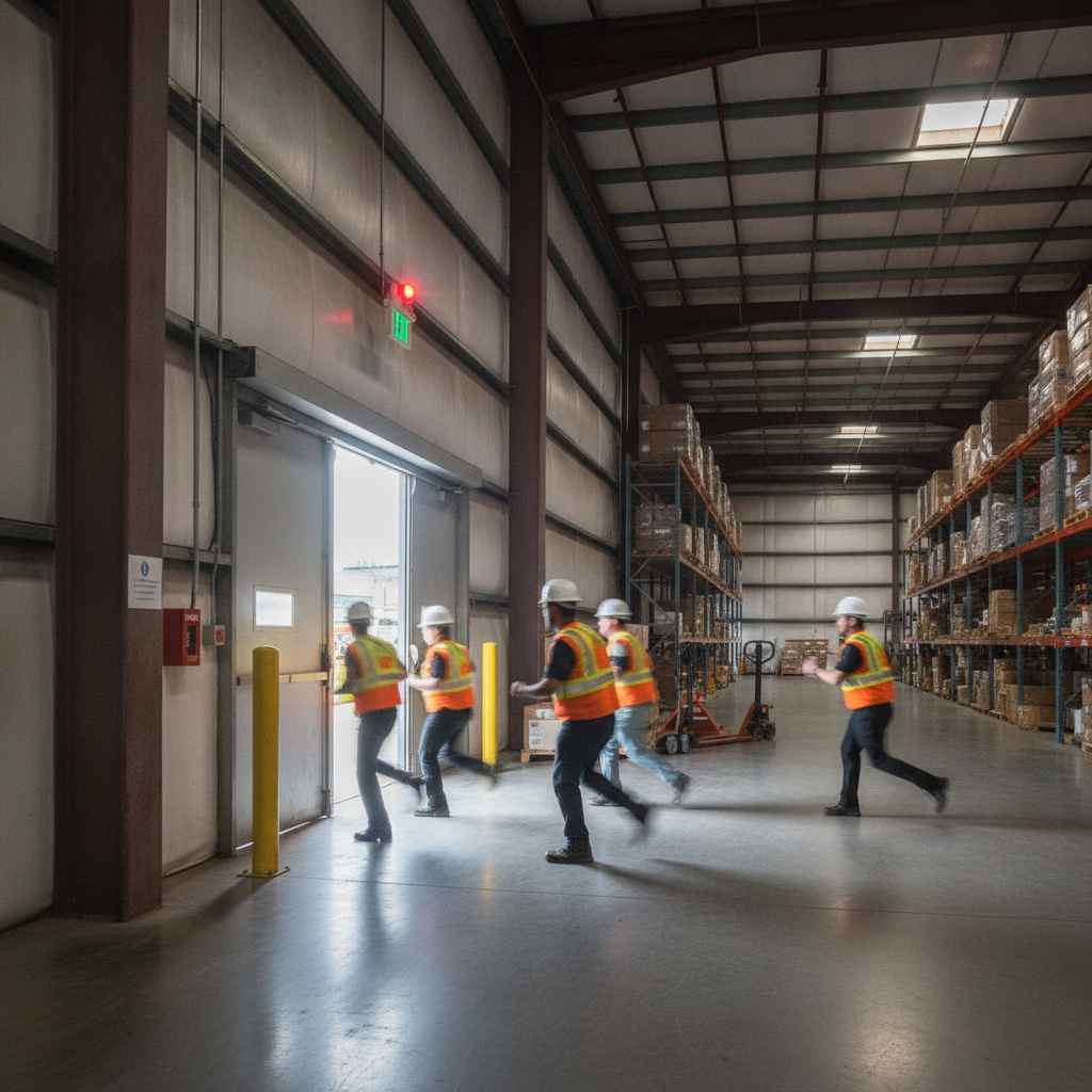 Warehouse team evacuating under emergency lighting and exit signage, demonstrating coordinated fire safety products in action