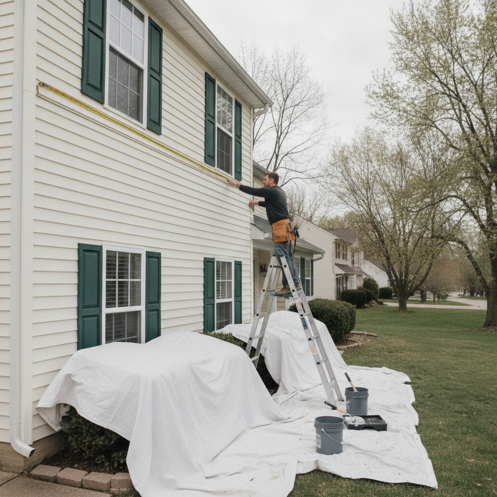 Exterior measurement before painting: contractor measuring siding width to feed a paint calculator and plan primers and topcoats