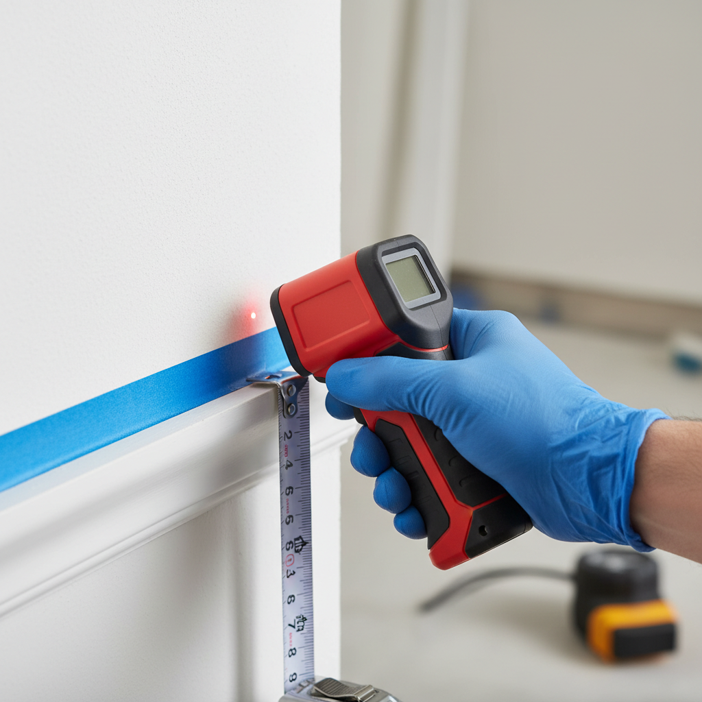 Close-up measuring wall height with laser and tape for a paint calculator estimate in a Milton home
