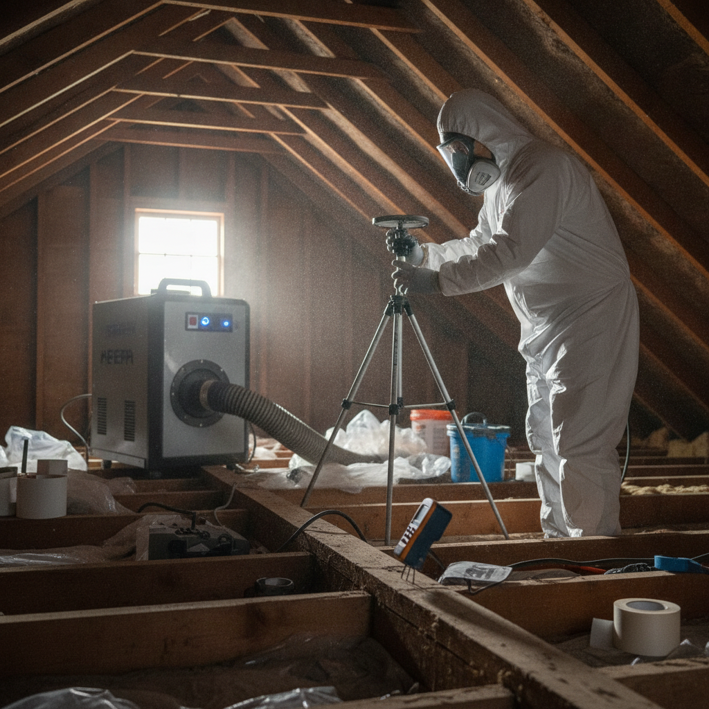 Technician performing attic mould air testing with HEPA scrubber operating in background during Ontario remediation