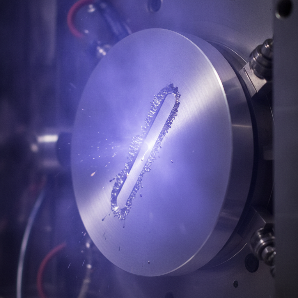 Macro close‑up of sputter target with argon plasma and racetrack erosion during PVD sputtering