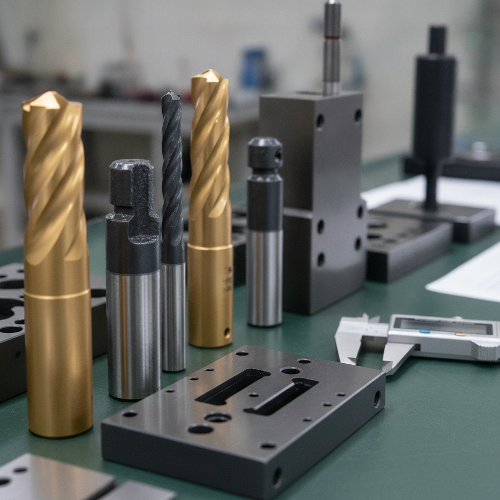 Coated cutting tools and stamping dies on a metrology bench showing gold TiN and dark DLC finishes for industrial PVD applications