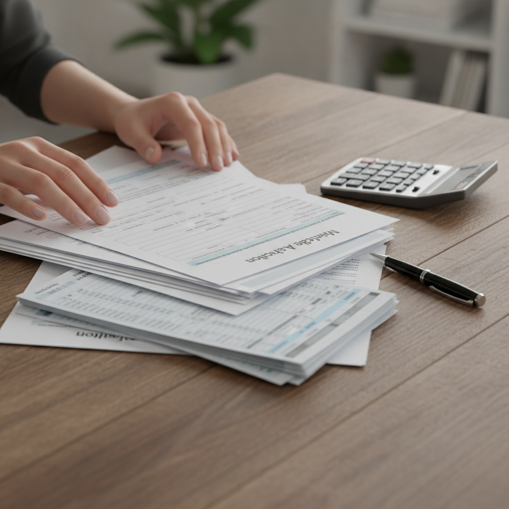 Close-up of mortgage application documents, statements, and calculator for an online home loan application
