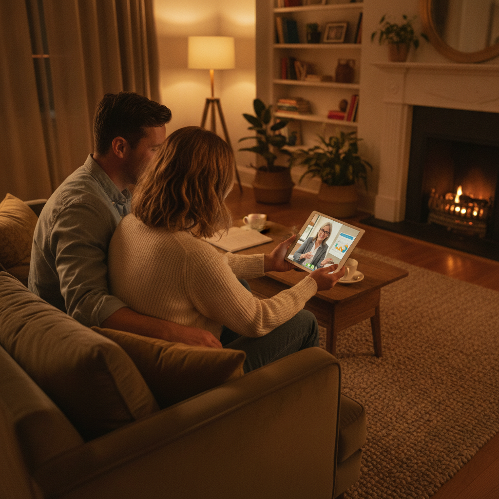 Couple speaking with a mortgage broker on a tablet during an online home loan application